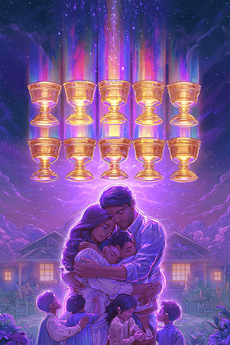 Zehn der Kelche Tarotkarte mit Familie unter Regenbogen von Kelchen