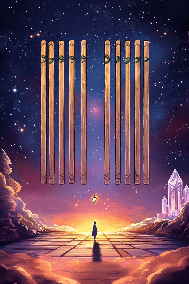 Diez de Bastos tarot con figura cargando pesado fardo de varas