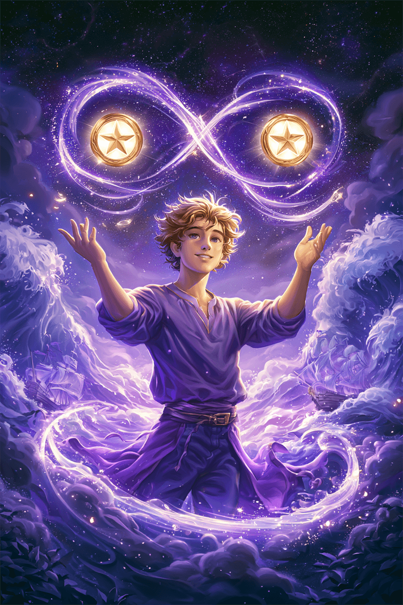 Zwei der Münzen Tarotkarte mit Figur, die Münzen in Unendlichkeitsschleife jongliert