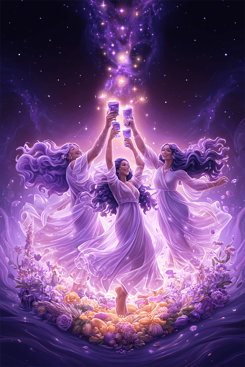 Tres de Copas tarot con tres mujeres alzando copas en celebración