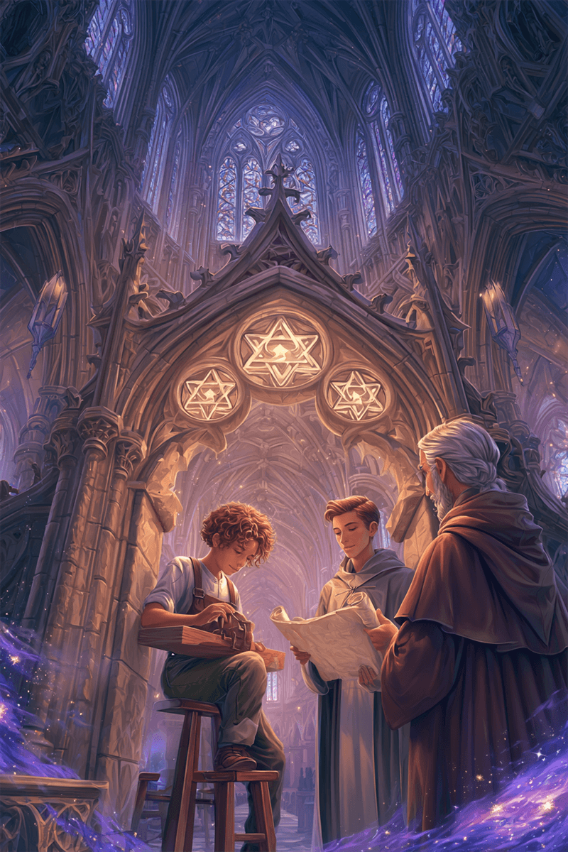 Tre di Denari carta dei tarocchi con artigiano che si consulta con altri in cattedrale
