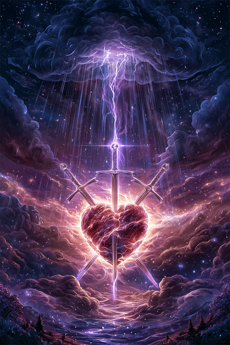 Three of Swords tarot card with heart pierced by three swords
