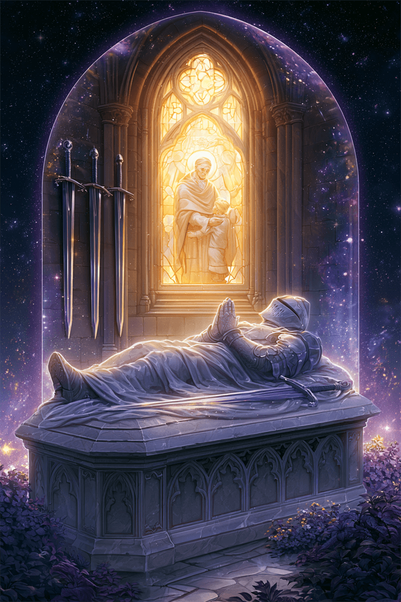 Quatro de Espadas tarot com figura em repouso sobre túmulo