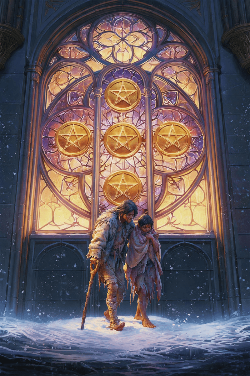 Cinco de Oros carta de tarot con dos figuras en la nieve frente a ventana iluminada