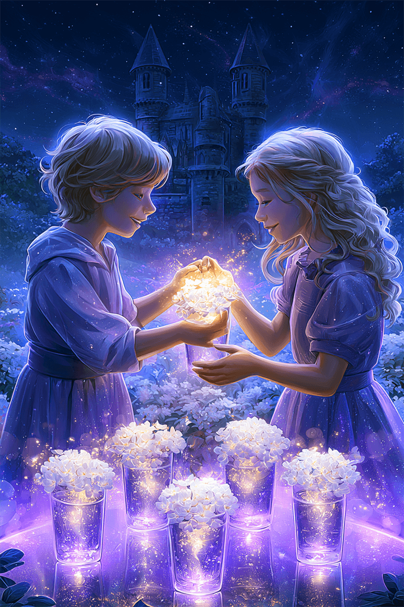 Sechs der Kelche Tarotkarte mit Kindern, die mit Blumen gefüllte Kelche austauschen