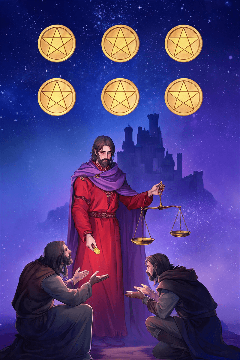 Seis de Ouros carta de tarot com figura próspera distribuindo moedas
