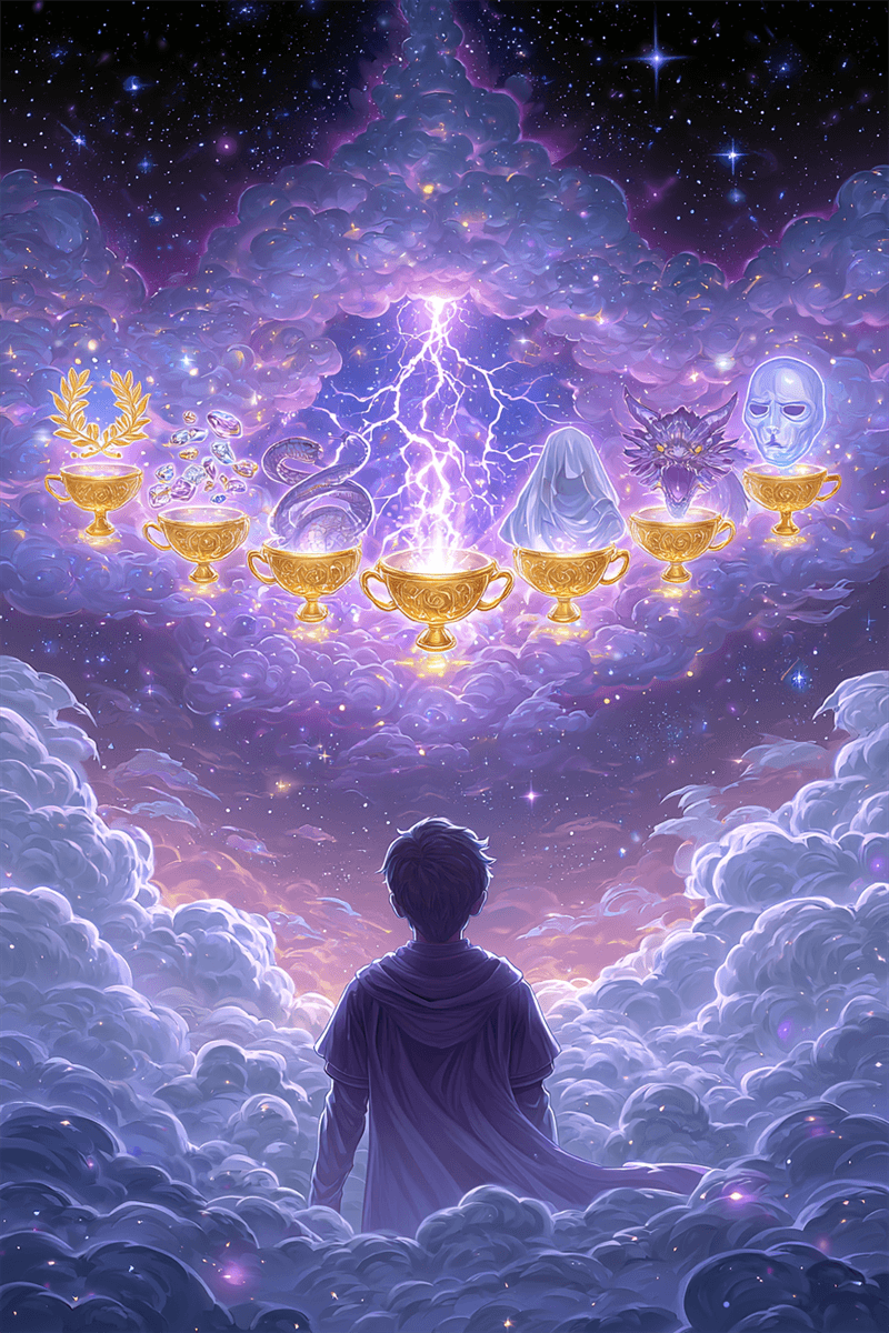 Siete de Copas tarot con siete copas flotantes con diferentes símbolos