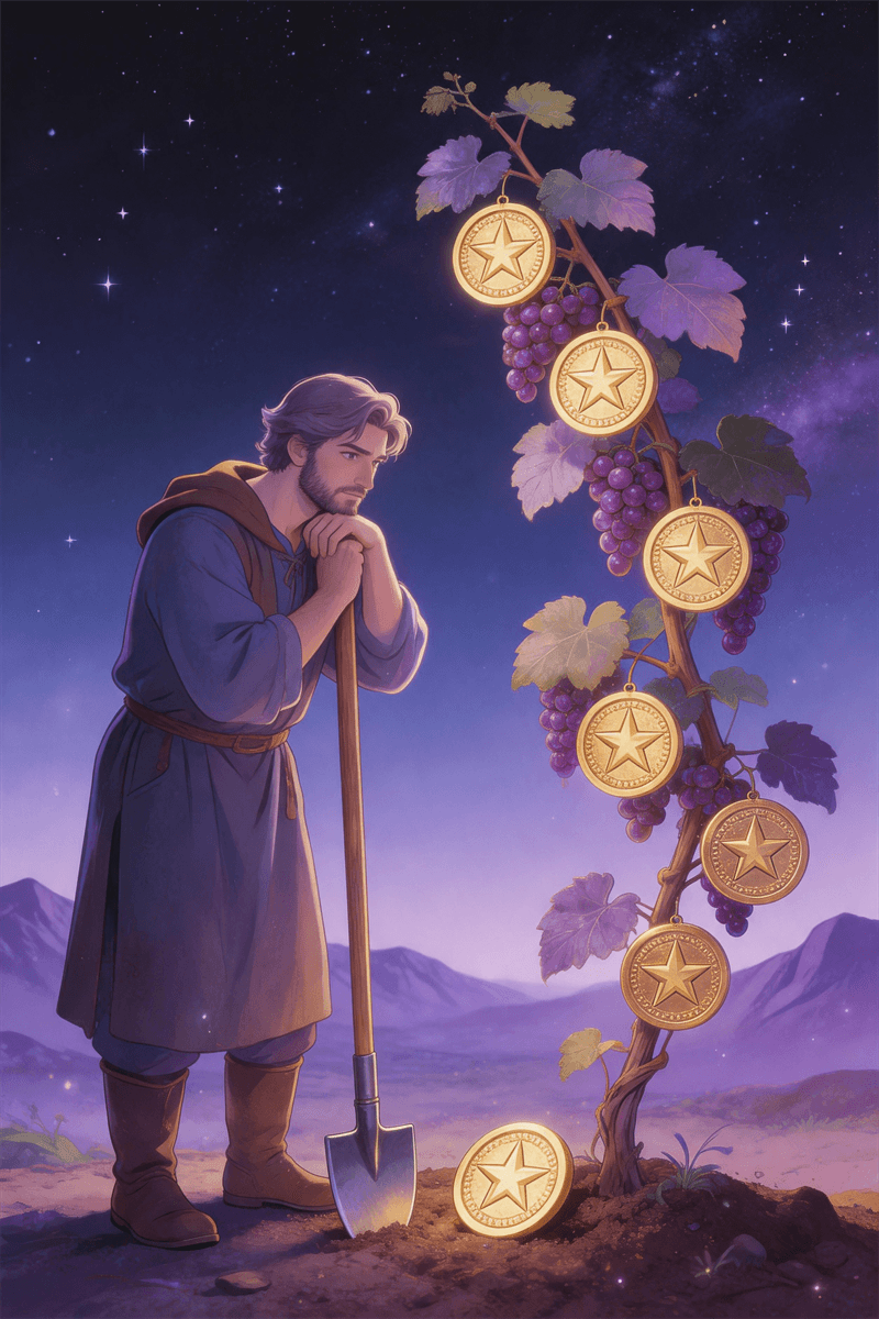 Sette di Denari carta dei tarocchi con figura che guarda denari su vite