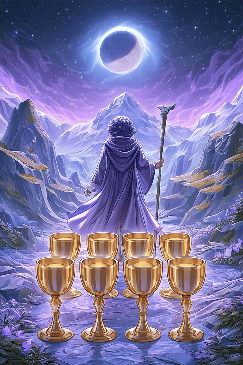 Oito de Copas tarot com figura se afastando de taças empilhadas
