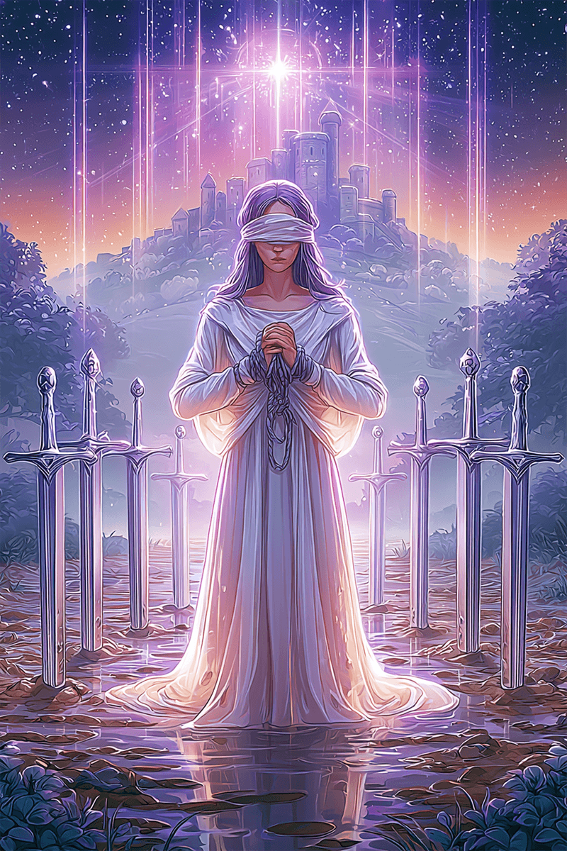 Huit d'Épées tarot avec figure bandée & ligotée entourée d'épées