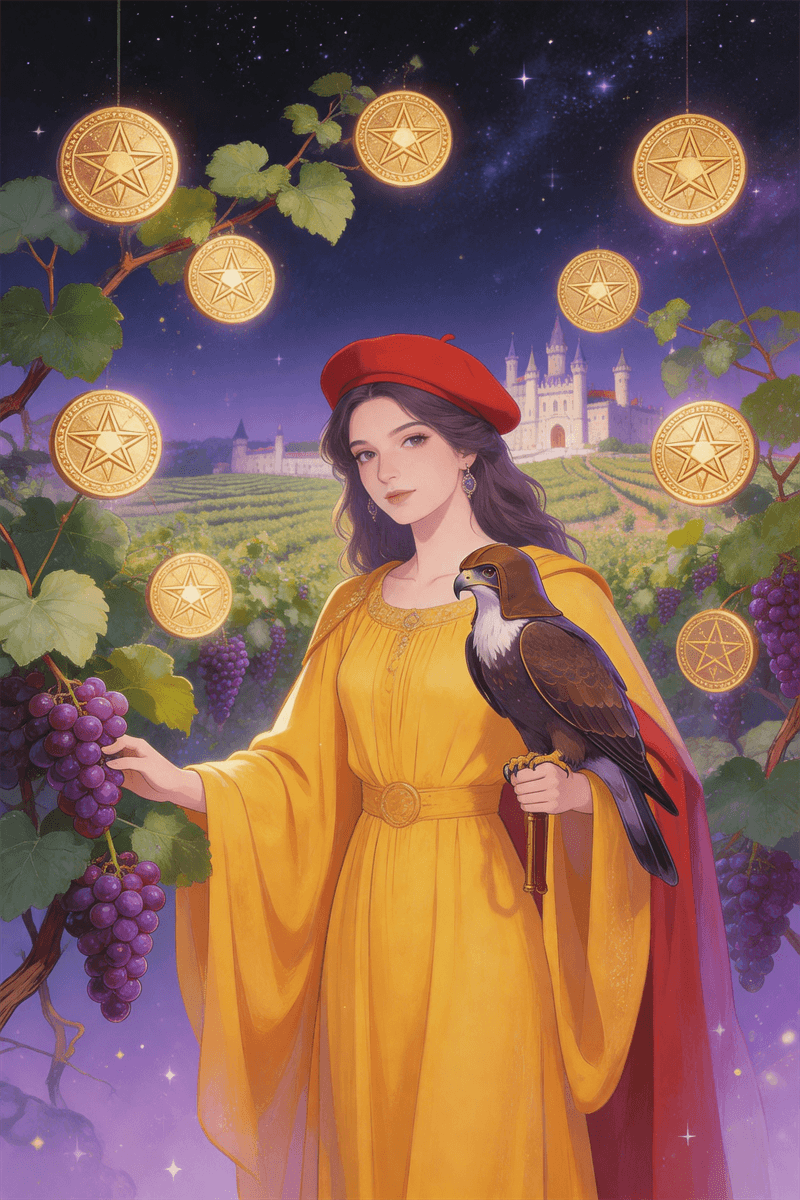 Nueve de Oros carta de tarot con figura en viñedo con halcón