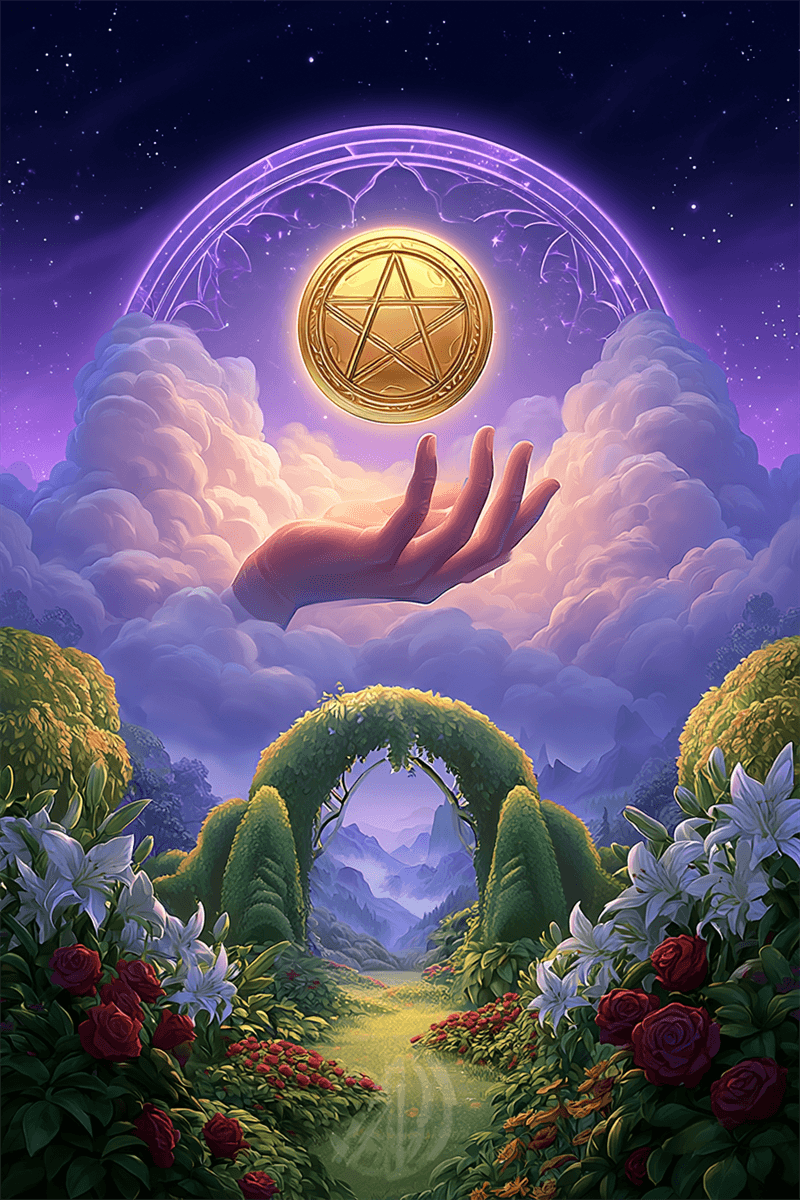 As de Oros carta de tarot con mano ofreciendo orode oro sobre jardín