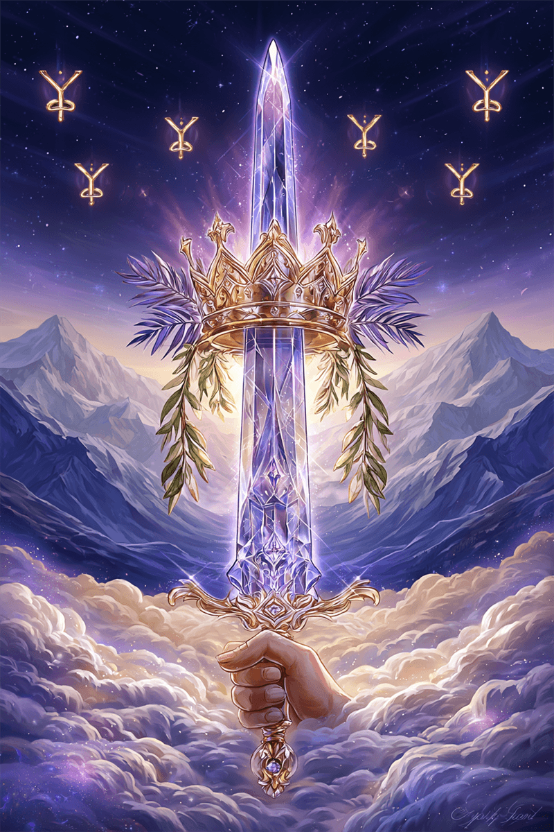 Ace of Swords tarot card with hand holding crowned sword