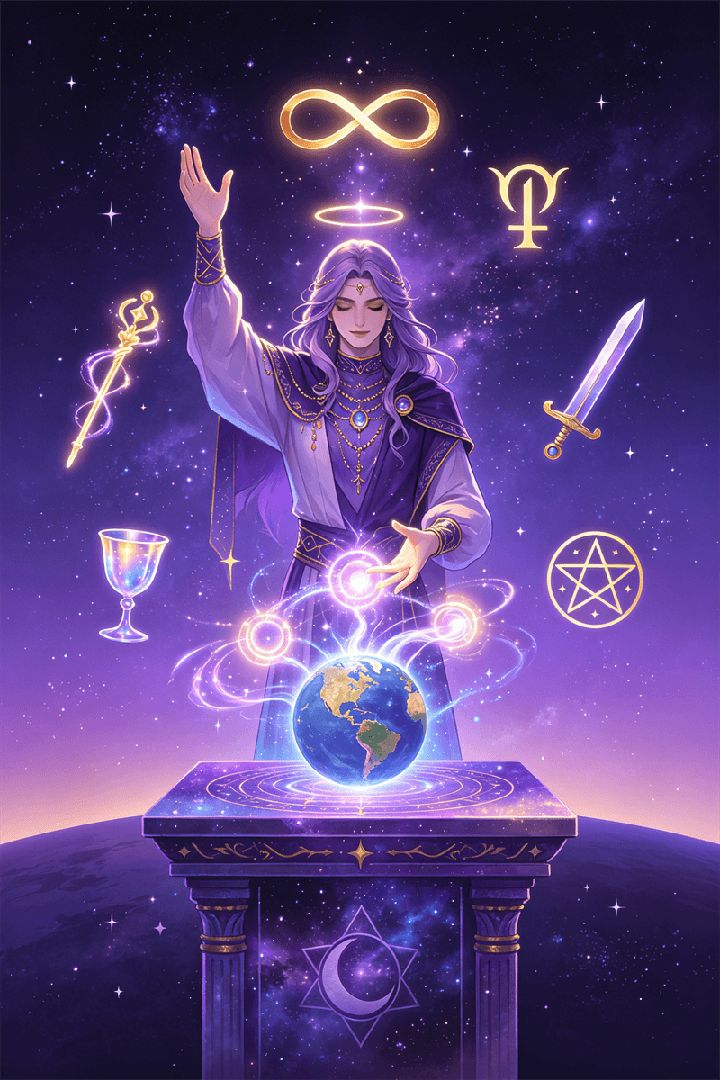 Der Magier Tarotkarte mit Unendlichkeitssymbol & Elementarwerkzeugen auf dem Tisch