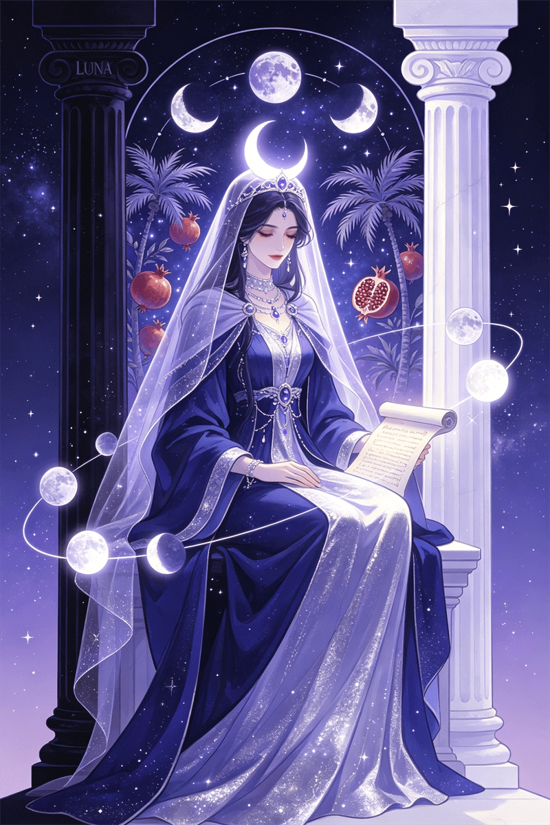 La Sacerdotisa tarot entre pilares blanco y negro con pergamino