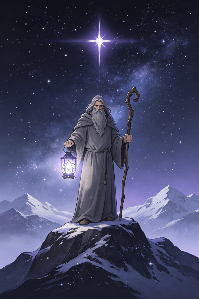 Der Eremit Tarotkarte mit Laterne auf einem Berggipfel