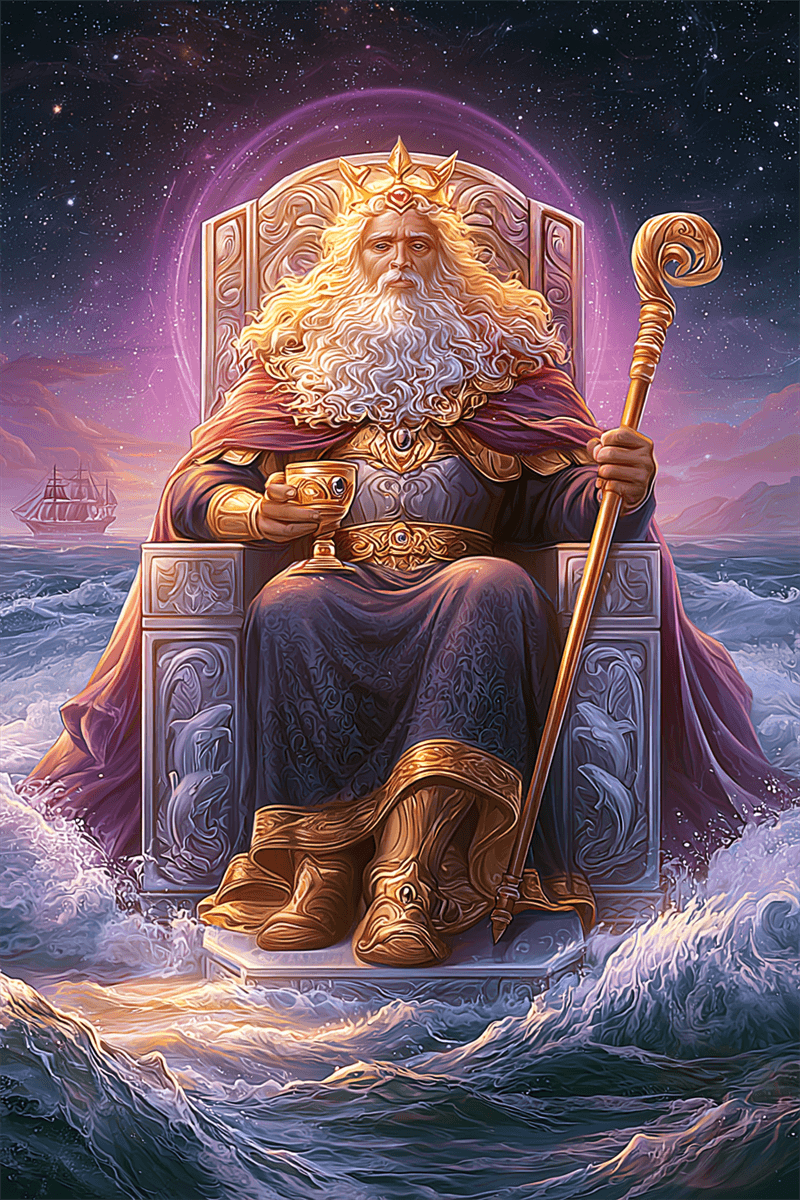 König der Kelche Tarotkarte mit König auf Thron zwischen Meer & Himmel