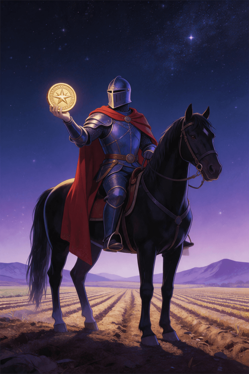 Ritter der Münzen Tarotkarte mit Ritter auf stehendem Pferd, der Münze hält