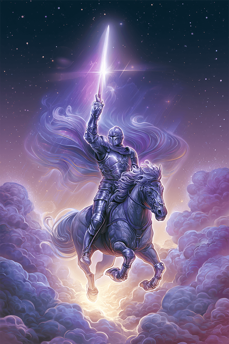 Ritter der Schwerter Tarotkarte mit Ritter, der mit erhobenem Schwert vorwärts stürmt
