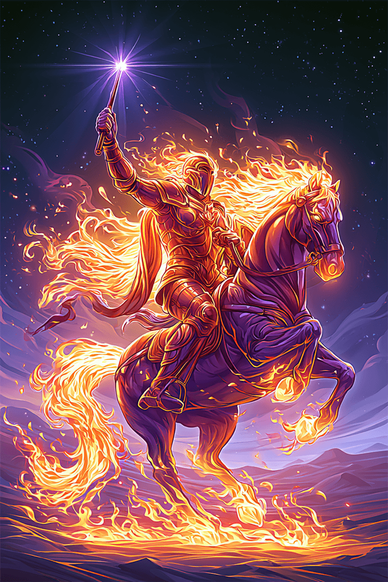 Knight of Wands tarot card with knight on rearing horse with raised wand