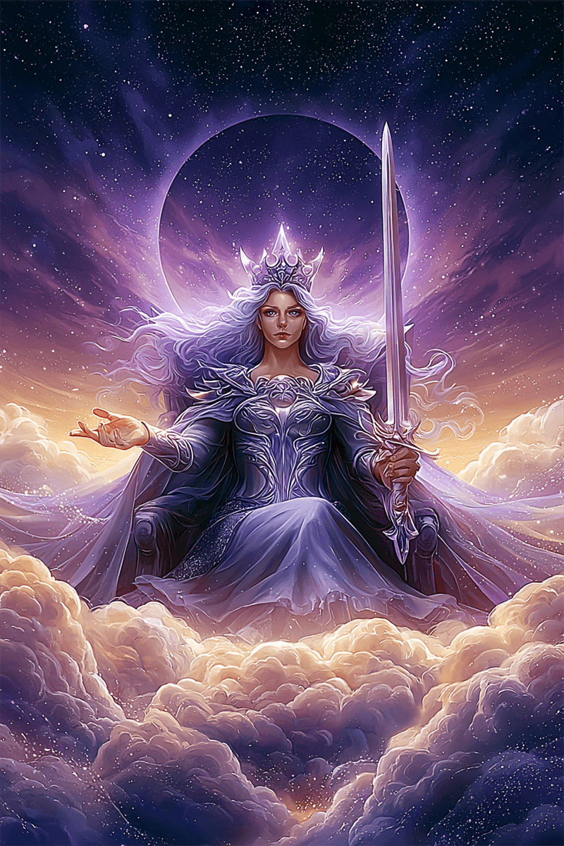 Rainha de Espadas tarot com rainha no trono segurando espada erguida