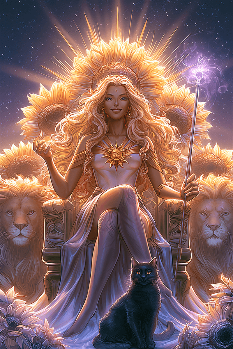 Reine de Bâtons tarot avec reine sur trône avec lions & tournesols