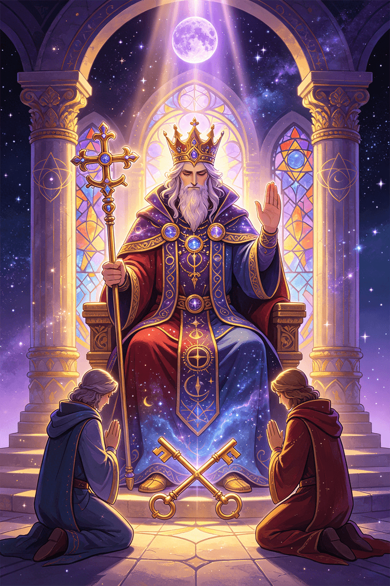 Der Hierophant Tarotkarte zwischen Säulen mit dreifacher Krone & Schlüsseln