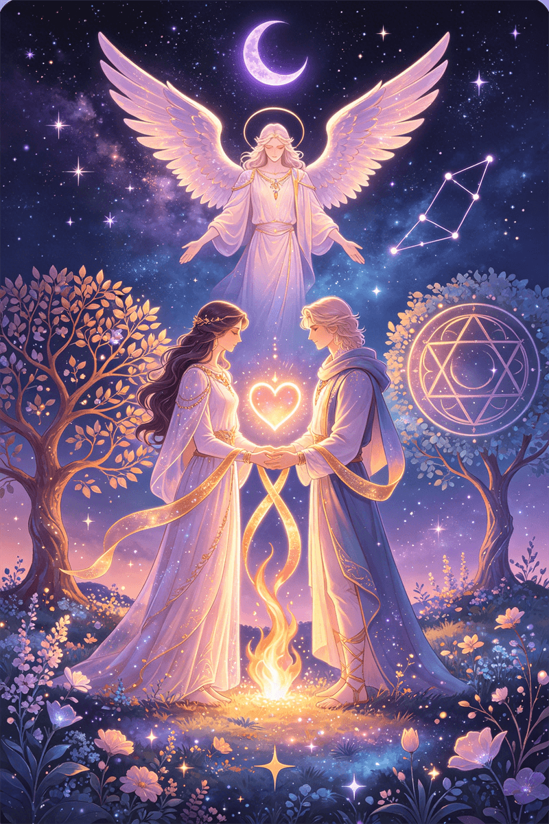 The Lovers tarot card with man, woman, and angel above