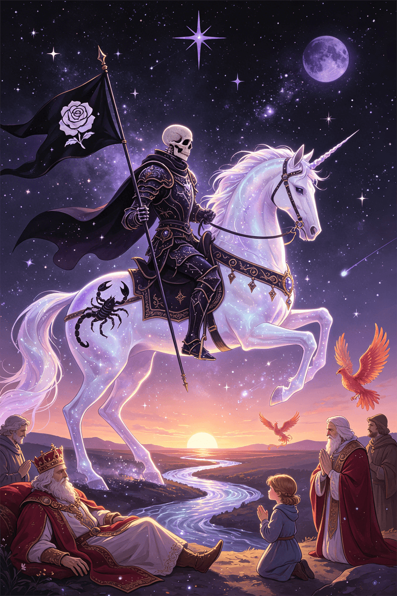 La Morte tarocchi con cavaliere scheletro e sole nascente