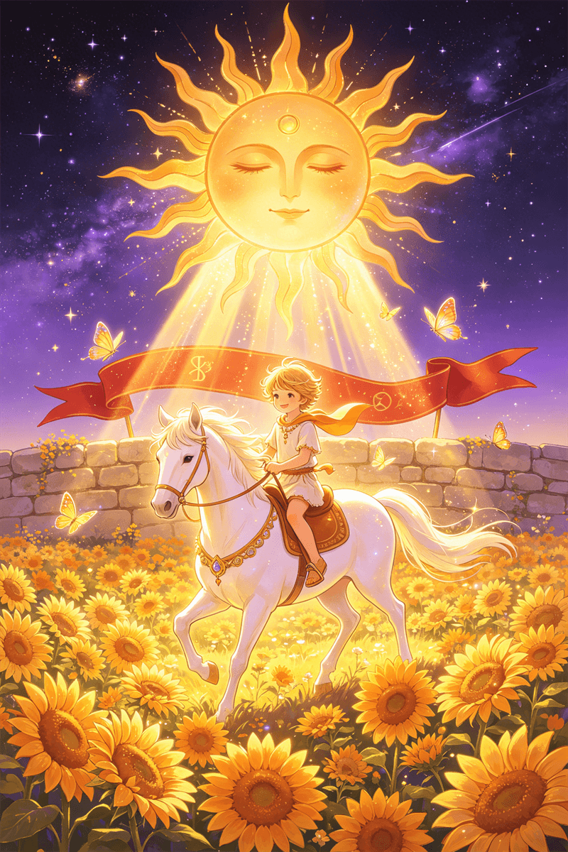 El Sol tarot con niño en caballo bajo sol radiante