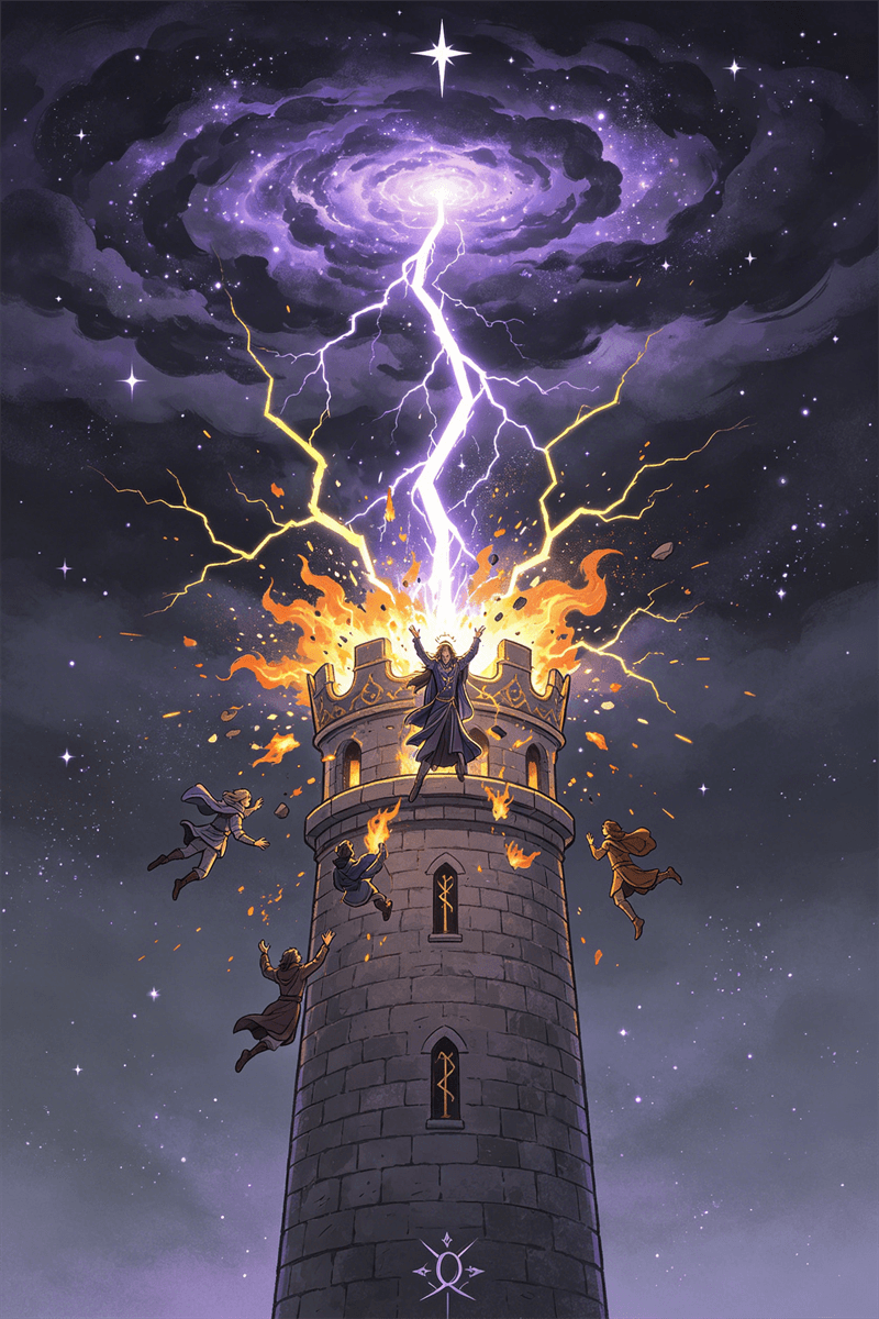 La Torre tarot golpeada por un rayo con figuras cayendo