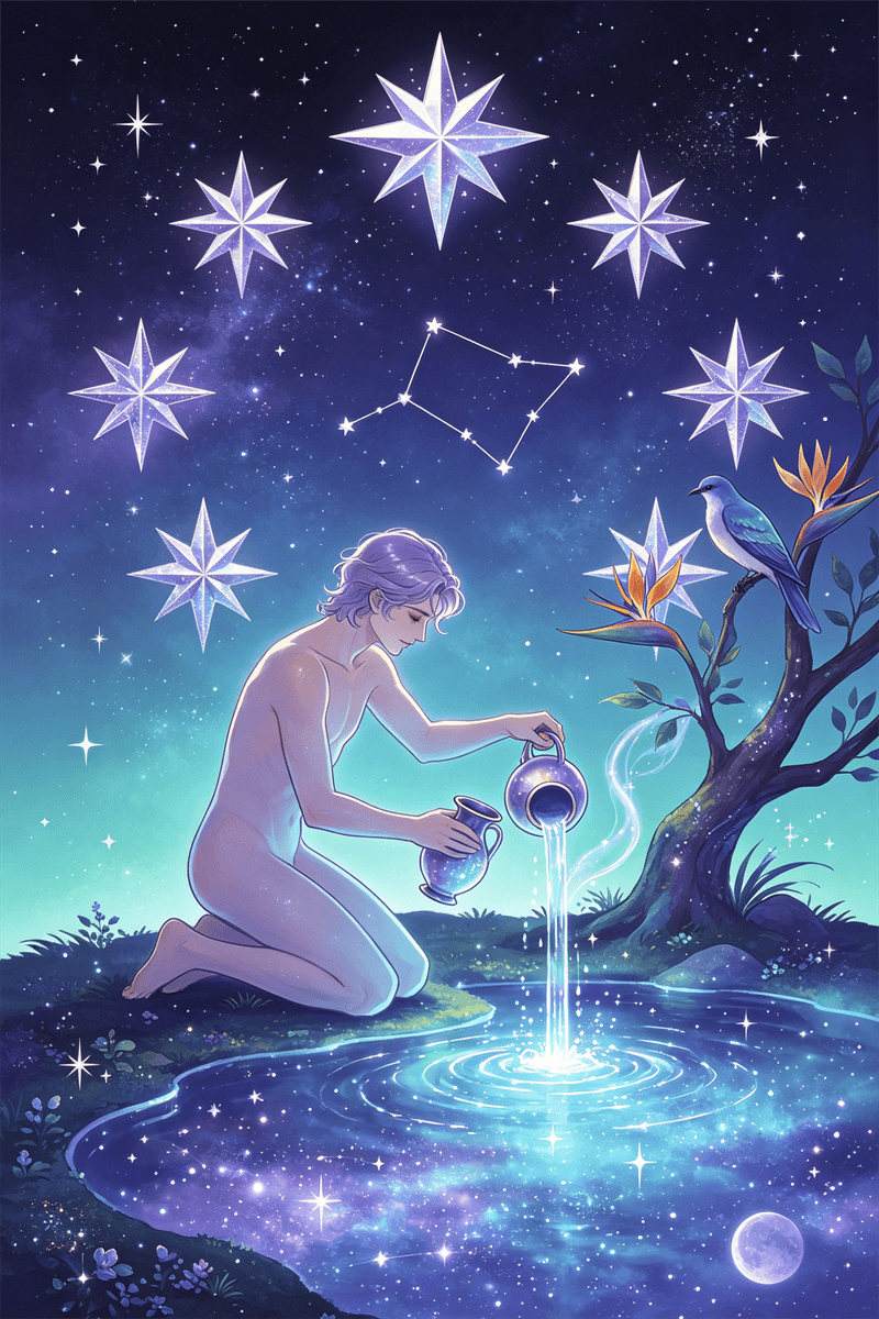 La Estrella tarot con figura vertiendo agua bajo cielo estrellado