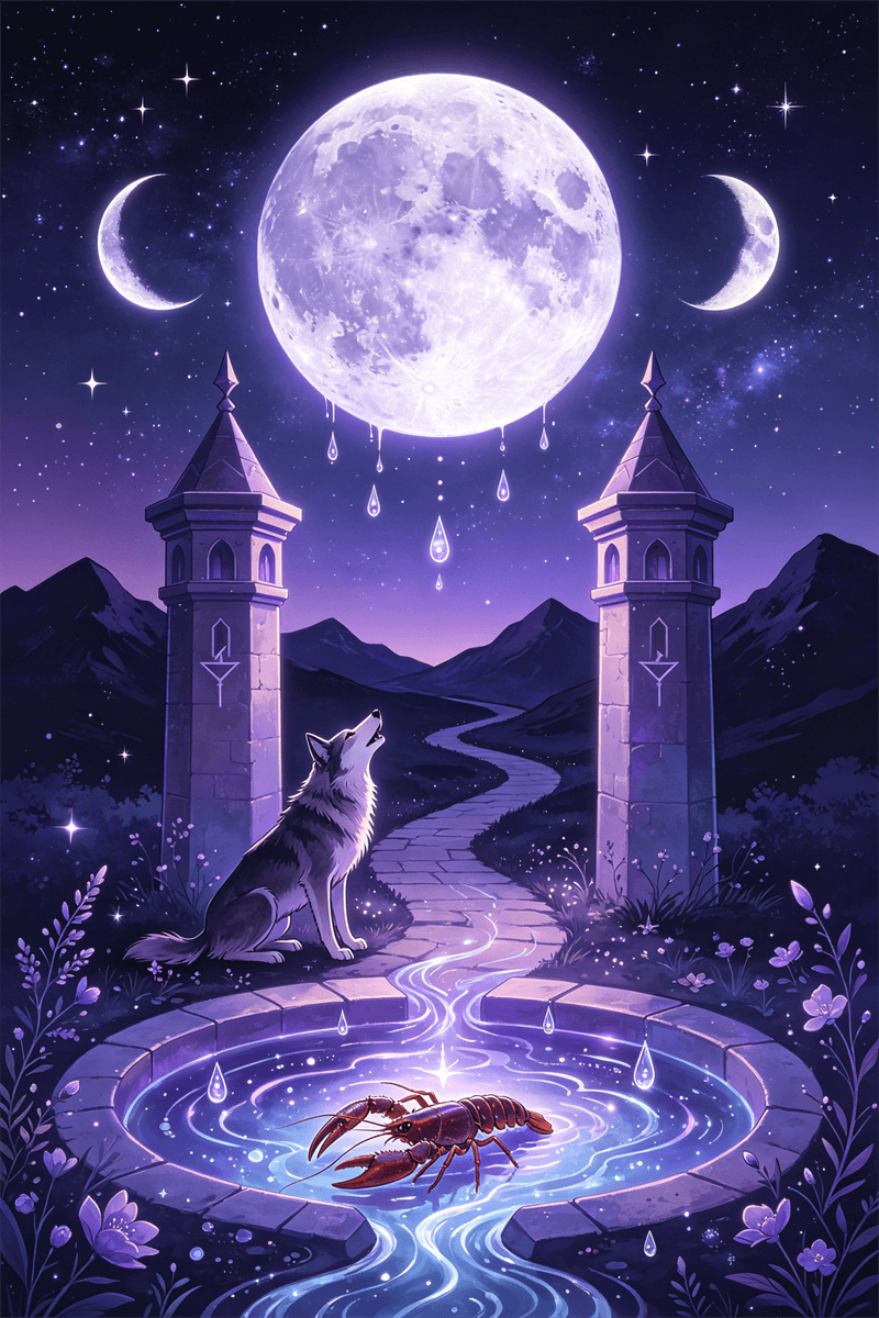 La Luna tarot con cangrejo, torres y animales aullando